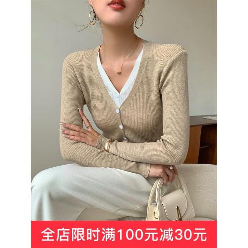 歌西梵V領假兩件撞色針織衫2025秋冬新款羊毛混紡打底衫開衫上衣