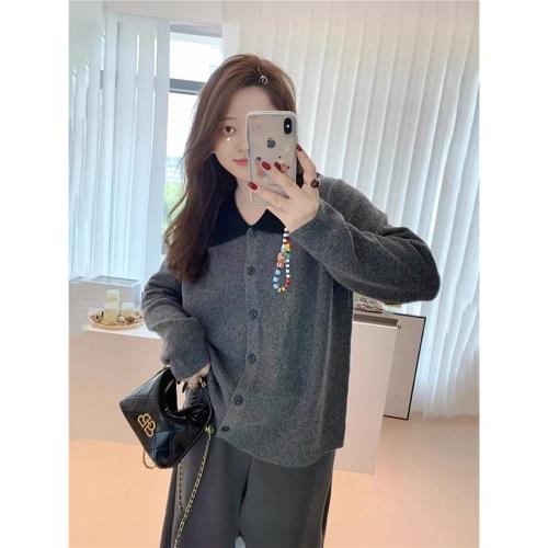 佳佳大碼女裝法式撞色翻領針織衫女秋冬胖mm小眾減齡巨顯瘦毛衣佳