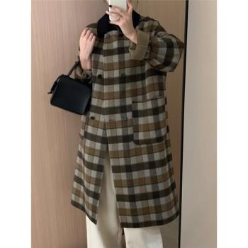 2024新款冬季韓系復古格子雙面羊絨大衣女寬松長款雙排扣羊毛外套