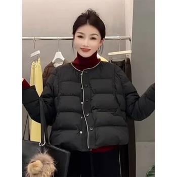 歐洲站冬季2024新款波紋單排扣圓領休閑棉服女短款保暖厚外套棉襖