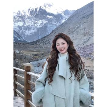 留洋千金雙面羊絨大衣女款2024新款冬季高階感圍巾領氣質毛呢外套