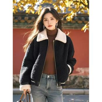 獨特超好看洋氣黑色翻領羊羔毛加厚外套女裝2024新款秋冬款小個子
