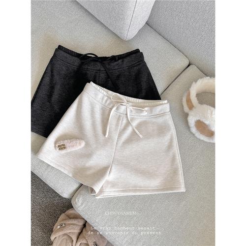 Q女家 宅家物語/百搭加絨直筒短褲女秋季小個子高腰顯瘦休閑褲子