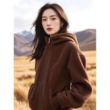 2024秋冬新款小香風美拉德咖色連帽搖粒絨外套女裝羊羔毛保暖上衣