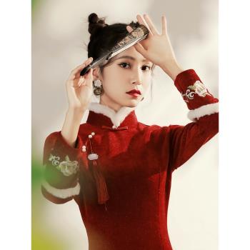 紅色過年加厚加絨女改良旗袍敬酒服2024年新款年輕款中國風秋冬季