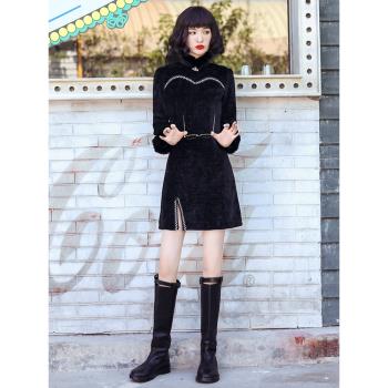 黑色加絨長袖少女冬季短款旗袍