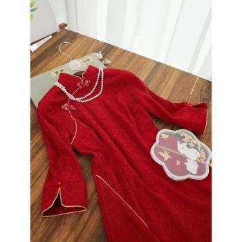 復古旗袍回門晚禮服前開叉蕾絲