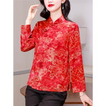 過年喜慶紅色衣服秋冬2024新款寬松大碼國風盤扣立領中年開衫上衣