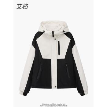 艾格官方旗艦店秋冬夾棉加厚沖鋒衣女長袖連帽夾克派克服加絨外套