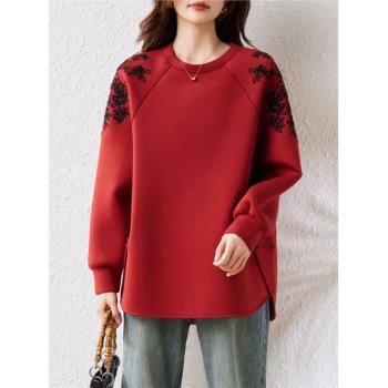 過年喜慶紅色衣服2024秋冬季新款寬松顯瘦時尚百搭高階感長袖上衣