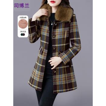 格子毛呢外套女中長款2024秋冬季媽媽新款小個子修身夾棉呢子大衣