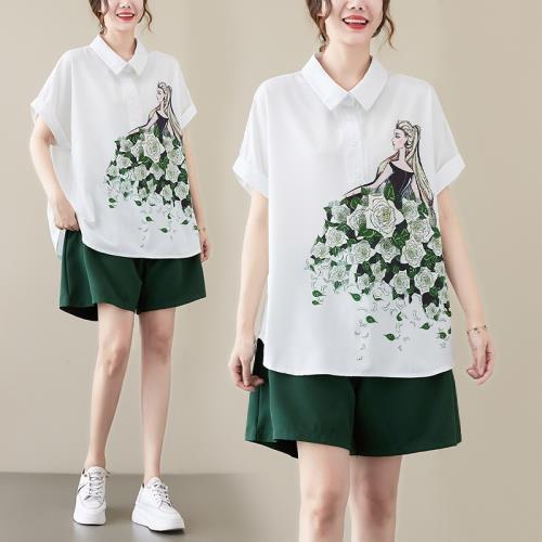 胖mm減齡套裝女夏季時尚大碼襯衫高腰闊腿短褲兩件套微胖顯瘦洋氣