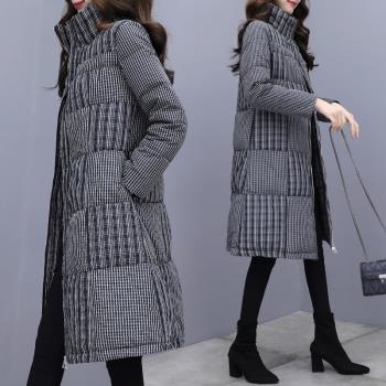 羽絨服女式2024年新品中長款立領加厚格子拼接時尚白鴨絨冬裝外套