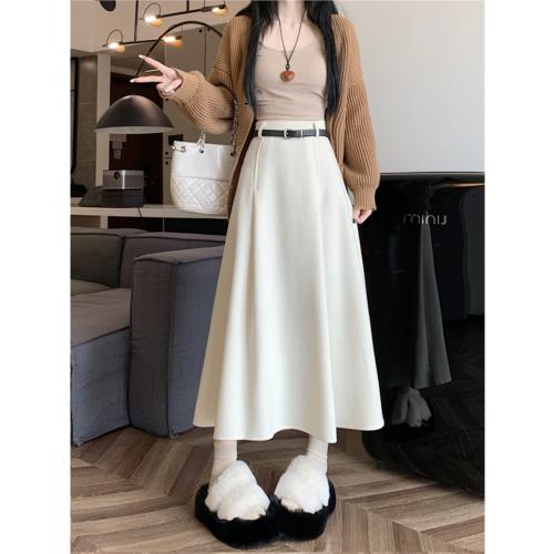白色毛呢半身裙女春秋款2025新款高腰顯瘦a字過膝大擺長裙傘裙子