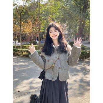 灰色小香風毛呢外套女秋冬2024新款法式設計感小個子西裝短款上衣