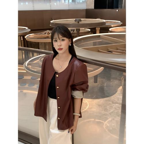 Macro KUN chao顯瘦立裁蛋白皮圓領微胖大碼顯瘦香風pu皮衣外套