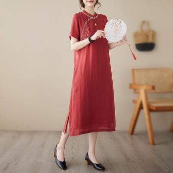 中式薴麻繡花改良旗袍裙折扣夏季新款送考旗開得勝短袖棉麻連衣裙
