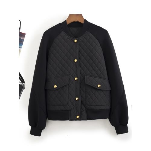 復古經典！小香ce風！設計感黑色空氣層拼接菱格夾棉短外套棉服女