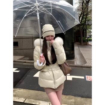 冬日序章羽絨服女2024冬季新款米白色狐貍毛領保暖設計感連帽外套