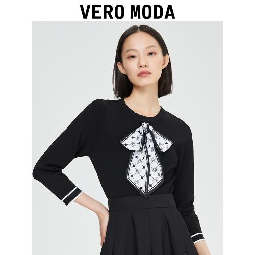 Vero Moda奧萊針織衫秋冬清倉百搭黑白撞色七分袖毛衣上衣女流行