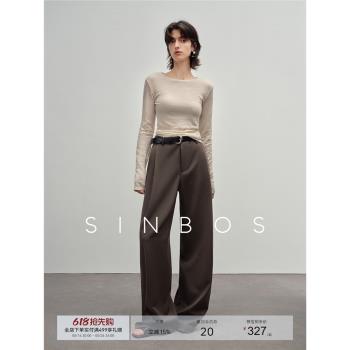 SINBOS舒弛 桑蠶絲羊毛混紡垂順休閑褲女2024秋新款闊腿及地長褲
