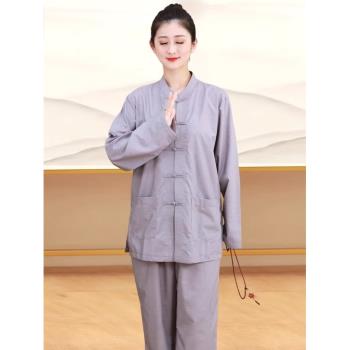 海青居士服女禪修服男棉麻套裝夏春季薄款僧盤扣海清長短袖衣禪意