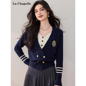 拉夏貝爾/La Chapelle秋冬新款刺繡雙排扣針織衫簡約V領修身上衣