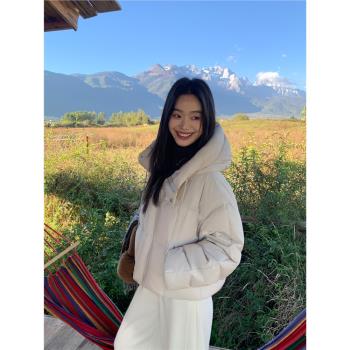 pusumede黑色連帽短款羽絨服女保暖白鴨絨麵包服百搭寬松外套