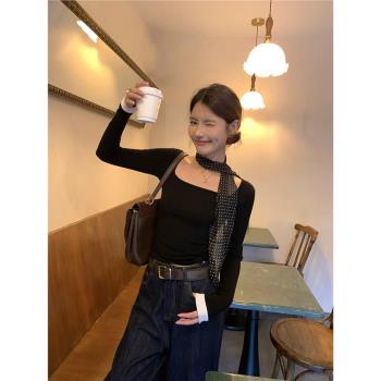 pusumede黑色方領針織衫女修身顯瘦露鎖骨長袖t恤內搭打底衫上衣