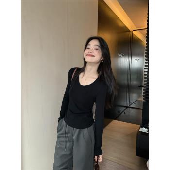 pusumede黑色U領打底衫女秋冬新款長袖修身針織衫百搭內搭上衣