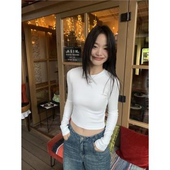 pusumede 白色內搭打底衫女新款百搭修身針織衫t恤短款長袖上衣
