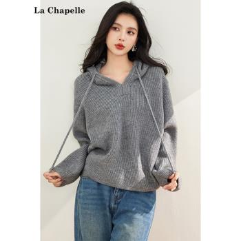 拉夏貝爾/La Chapelle秋季時尚慵懶風針織衫抽繩連帽領百搭上衣女