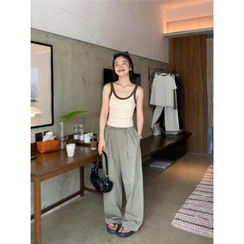pusumede軍綠色工裝褲女美式寬松抽繩休閑褲子直筒闊腿褲拖地長褲