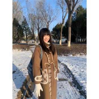六月苒 高階感拼接格子大衣女冬慵懶復古棕色牛角扣加厚毛呢外套