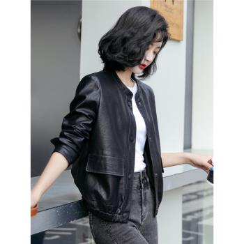 立領時尚真皮皮衣外套女短款春季2024年新款韓版小個子洋氣皮夾克