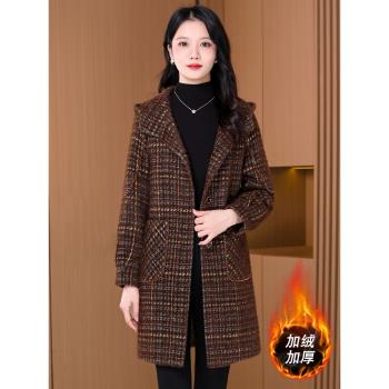 格子中長毛呢大衣女外套秋冬2024新款今年高階感媽媽加厚夾棉爆款