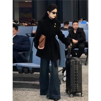 韓系時尚立領羽絨服女冬季高階感收腰繫帶毛呢外套中長款加厚大衣