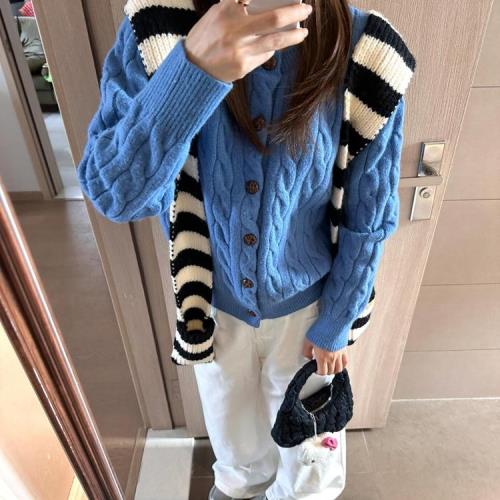 SOOSLU 韓系藍色麻花針織開衫2024秋季新款短款顯瘦穿搭chic上衣