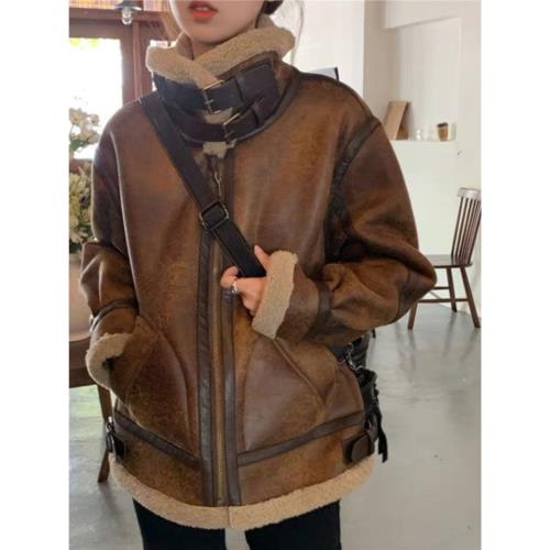 有貨】冬季寬松鹿皮絨羊羔毛外套女2025皮毛一體立領機車服加絨