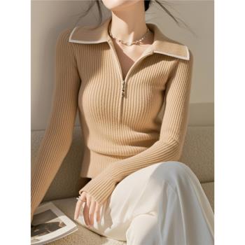時尚輕熟絕美卡其色POLO領長袖針織衫女秋季款獨特百搭通勤小上衣