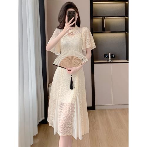 新中式國風改良旗袍蕾絲連衣裙女夏別致驚艷超仙法式復古氣質長裙