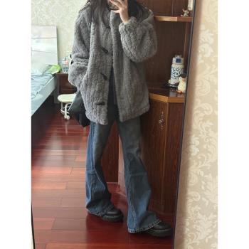 韓系灰色牛角扣仿羊羔絨毛外套女秋冬季2024新款加厚軟糯百搭棉服