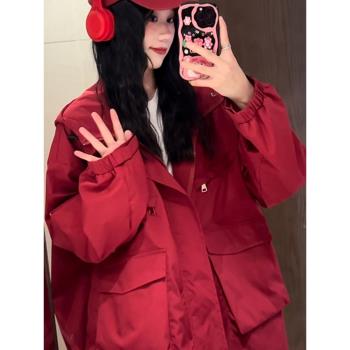 美式復古戶外防曬沖鋒衣外套女秋冬季2024年新款工裝運動夾克上衣