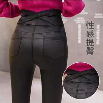 秋冬亞光加絨PU小腳彈力緊身皮褲