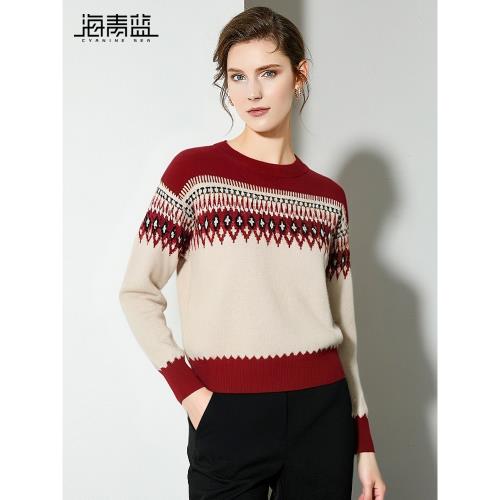 海青藍時尚復古提花套頭毛衣女2024冬季新款撞色慵懶風針織上衣