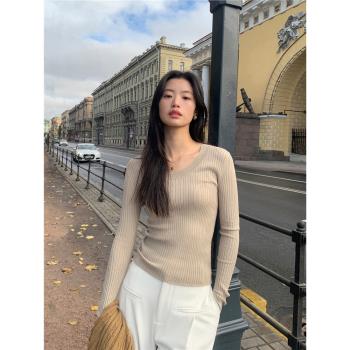 pusumede黑色大圓領針織打底衫女秋冬新款百搭修身長袖內搭上衣