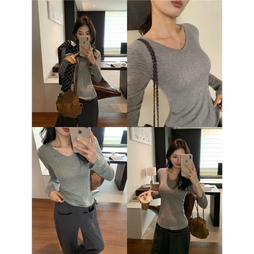 pusumede黑色修身v領針織衫女春季基礎款內搭打底衫顯瘦百搭上衣