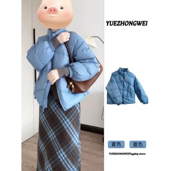 藍色短款羽絨棉服女2024年冬季新款高階感超好看保暖棉衣棉襖外套