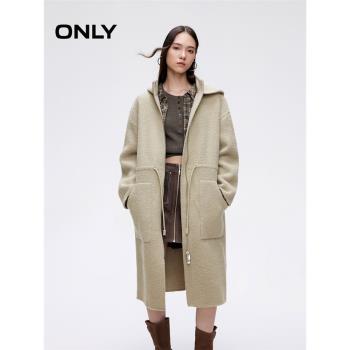 ONLY2024秋冬新款雙面呢含綿羊毛連帽中長款毛呢大衣女|12436U008