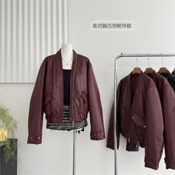 曼哈頓皮衣 美式復古寬松外套女顯瘦夾棉夾克保暖上衣冬